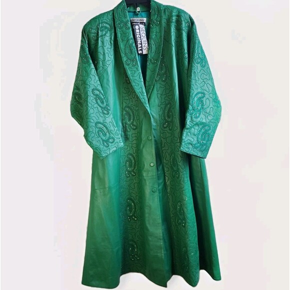 Sequins Originals Emerald Green Embellished 100% Leather Trench Coat – Size 1X